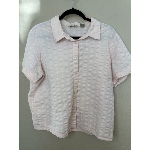 Orvis Womens Pink Blouse XL short sleeve button up cotton collared striped - Picture 2 of 6